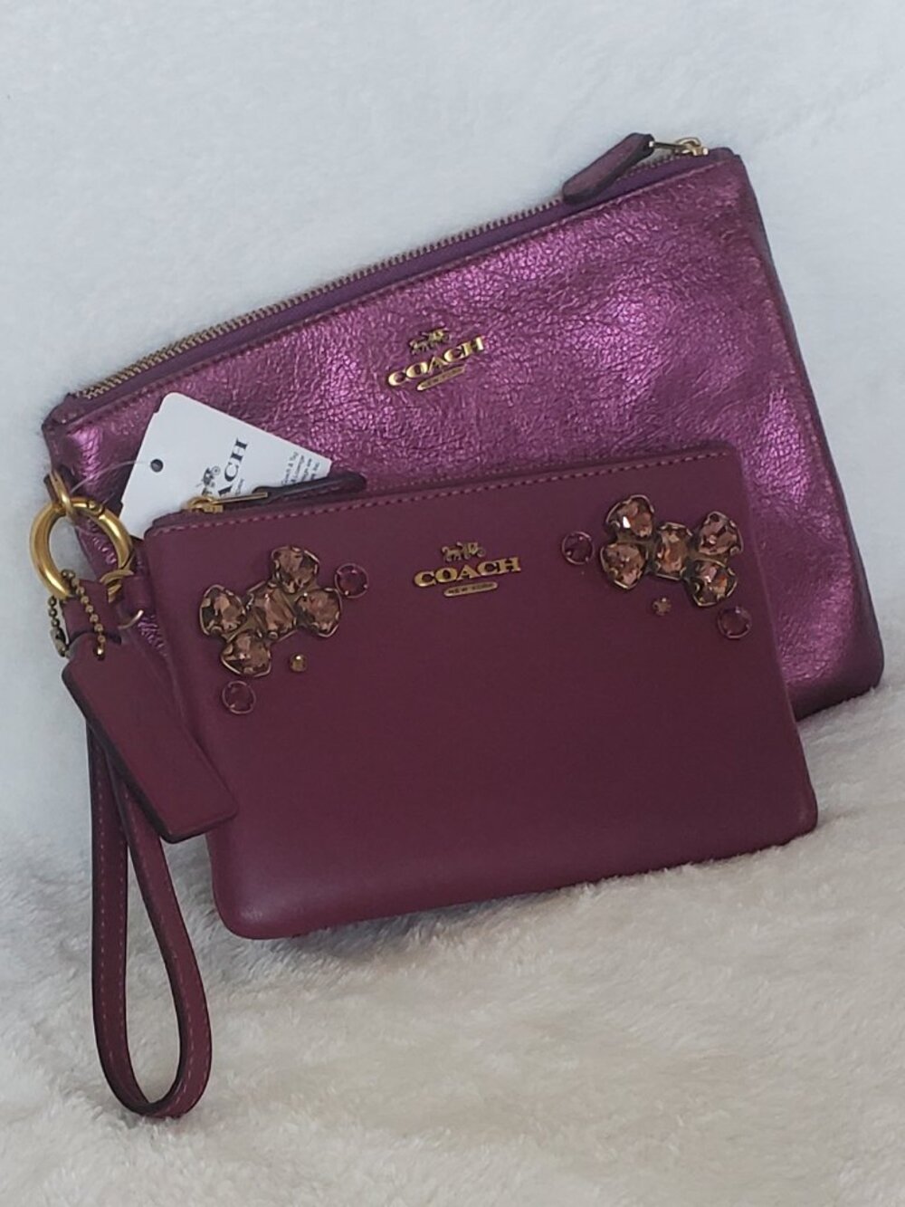NWT! Coach Metallic Purple Jewel Crystal Bows VIP DUO pouch wristlet SET OF 2!